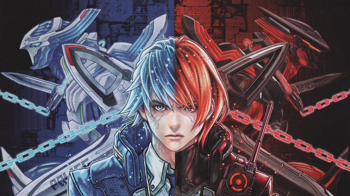 the twins from Astral Chain. Picture split so that the left side is blue with player's face, while the right is red with Akira's face. The split goes down the middle so that only half of each character's face is shown