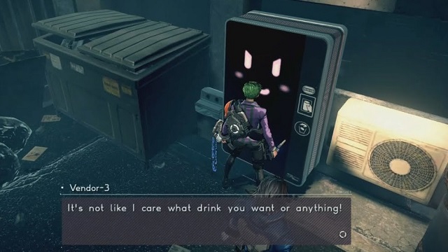screenshot from Astral Chain of player in a dingy alley talking to a vending machine with an animated face on a screen. Its name is Vendor-3. It says: It's not like I care what drink you want or anything!