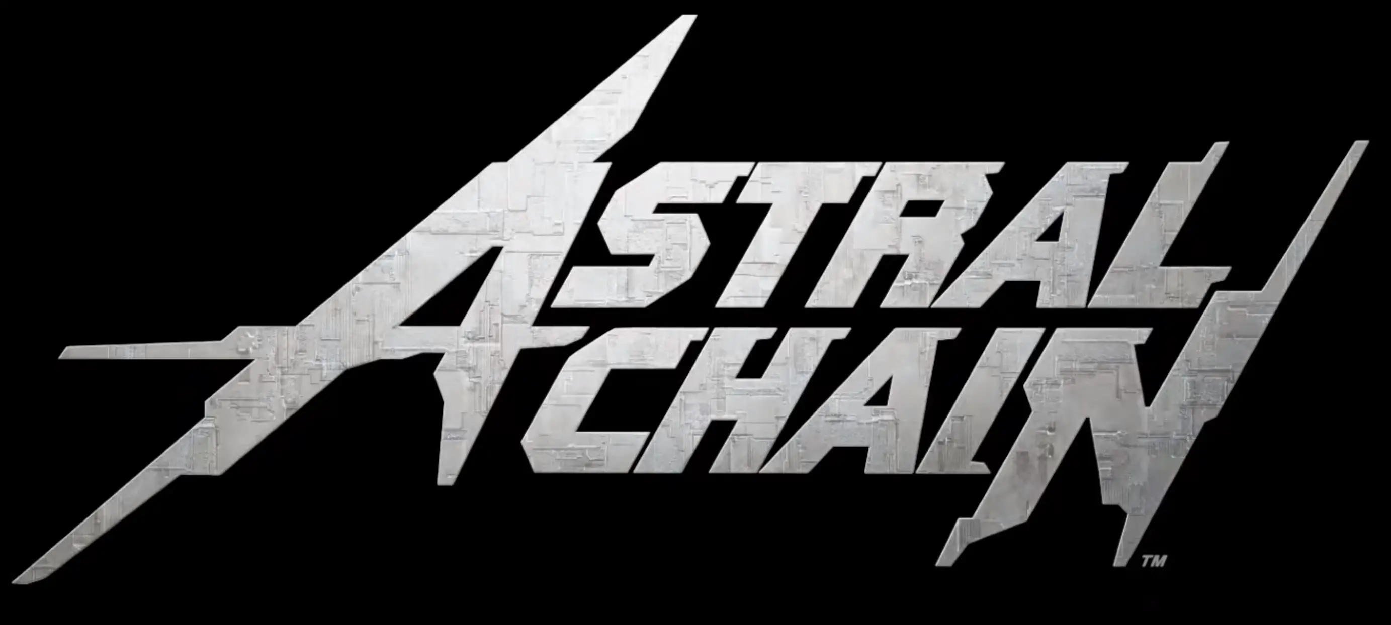 Astral Chain's logo, stylized as jagged gray metal letters on a black background