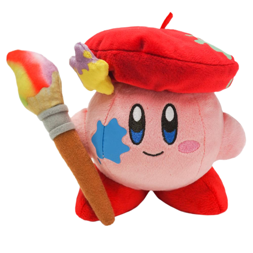 A plush toy of video game character Kirby, a round pink blob, dressed as an artist with a beret and holding a paintbrush. He is smiling with a paint splotch on his cheek.