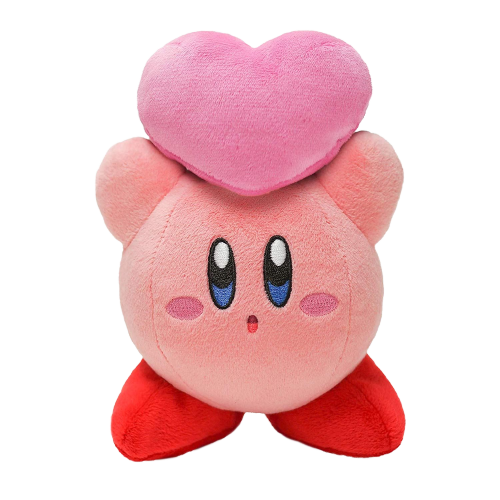 A plush toy of video game character Kirby, holding a plush heart over his head with both arms. His mouth is open.