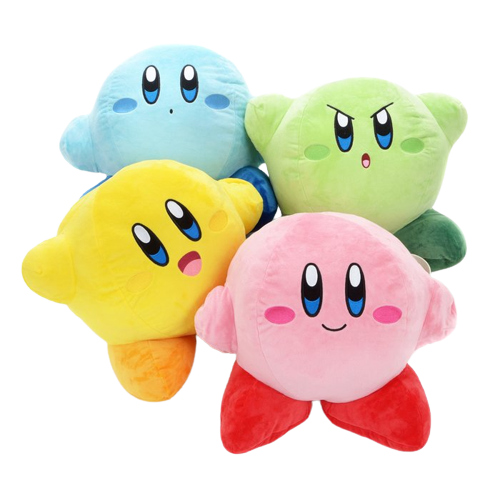 Four plush toys of video game character Kirby, in pink, blue, green and yellow. They are clustered together facing the viewer.