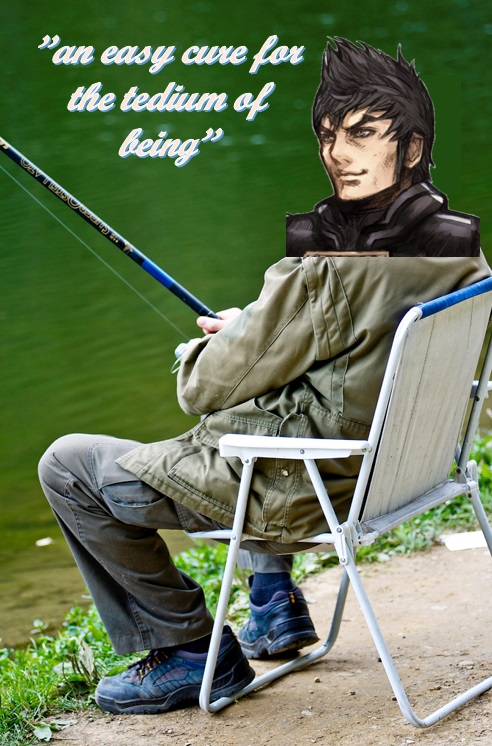 A man on a stool who is fishing, sloppily edited so that he is Malos from Xenoblade 2. Text above him says an easy cure for the tedium of being.
