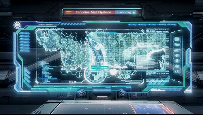 a screenshot from Xenoblade X of a holographic map of the continent Primordia