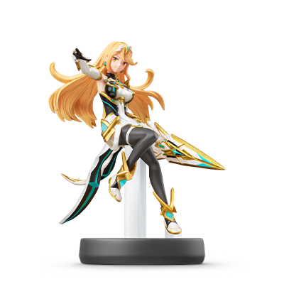 The Mythra amiibo. Mythra is a woman with long blond hair in a white dress and black leggings. She is posing on one foot with her dress and hair flaring out like she's just landed from a jump, holding out one hand with her sword clutched in the other.