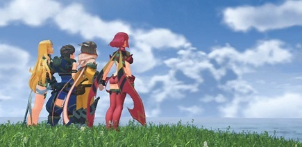 Mythra, Rex, Nia and Pyra from Xenoblade 2 standing on a grassy plain holding hands and looking out at the sea
