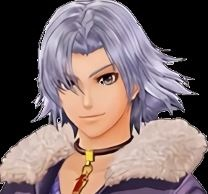 The face of Alvis from Xenoblade. He is a person with silver hair down to his shoulders wearing a fur-lined blue coat and a choker with a red cross-shaped crystal on it.