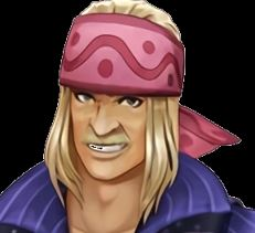 The face of Dickson from Xenoblade. He is a man with long blond hair tied back in a braid, a red bandana around his head and a mustache. He is baring his teeth.