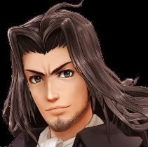 The face of Dunban from Xenoblade. He is a man with long dark brown hair and brown eyes, with stubble on his chin and a determined expression.