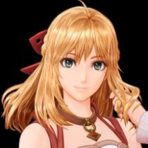 The face of Fiora from Xenoblade. She is a young woman with strawberry blond hair half-way tied up in the back, and with green eyes. She is wearing a necklace with a red gemstone.