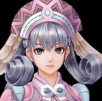The face of Melia from Xenoblade. She is a young woman with silver eyes, and long silver hair arranged into two huge curls in front of her. She is wearing a blue and purple headdress matching her dress, and has two small white wings extending from behind the hat.