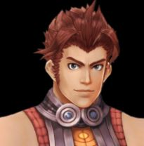 The face of Reyn from Xenoblade. He is a young man with short red hair, sideburns and brown eyes. He is wearing an orange and gray croptop.