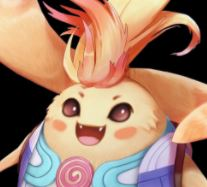 The face of Riki from Xenoblade. He is a round fluffy yellow creature with two wings and two arms, wearing a blue and purple vest. His eyes are large and brown, his mouth open in a toothy grin, and crowning his head is a huge tuft of orange fluff.