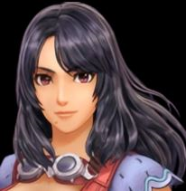 The face of Sharla from Xenoblade. She is a woman with long black hair, brown eyes and a mole next to her mouth. She has a pair of goggles around her neck.