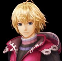 The face of Shulk from Xenoblade. He is a young man with short fluffy blond hair and blue eyes, wearing a turtle-neck sweater and a red jacket.